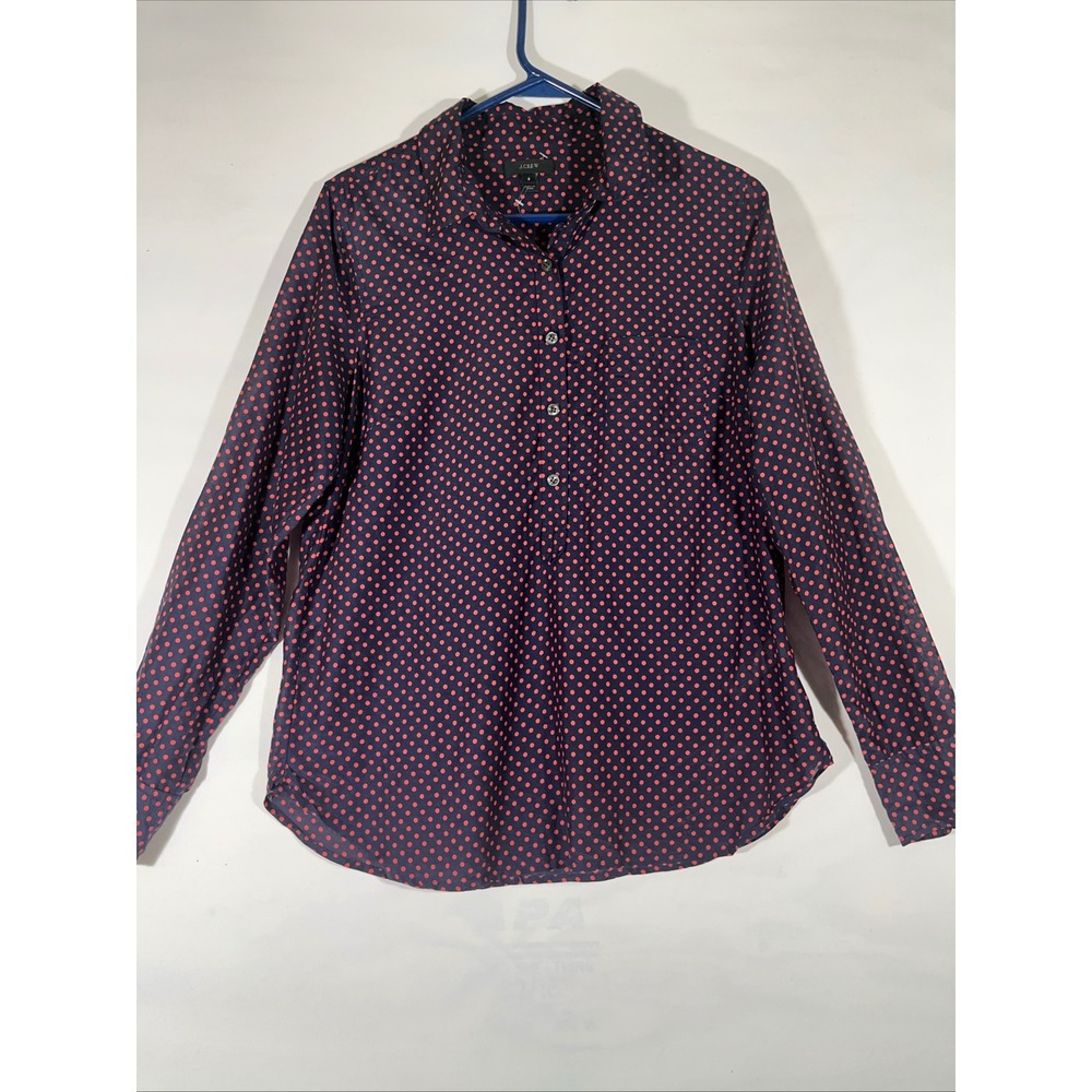 J Crew Women Polka Dot Silk Blend Button Up Long Sleeve Shirt Navy/Pink Size 8
